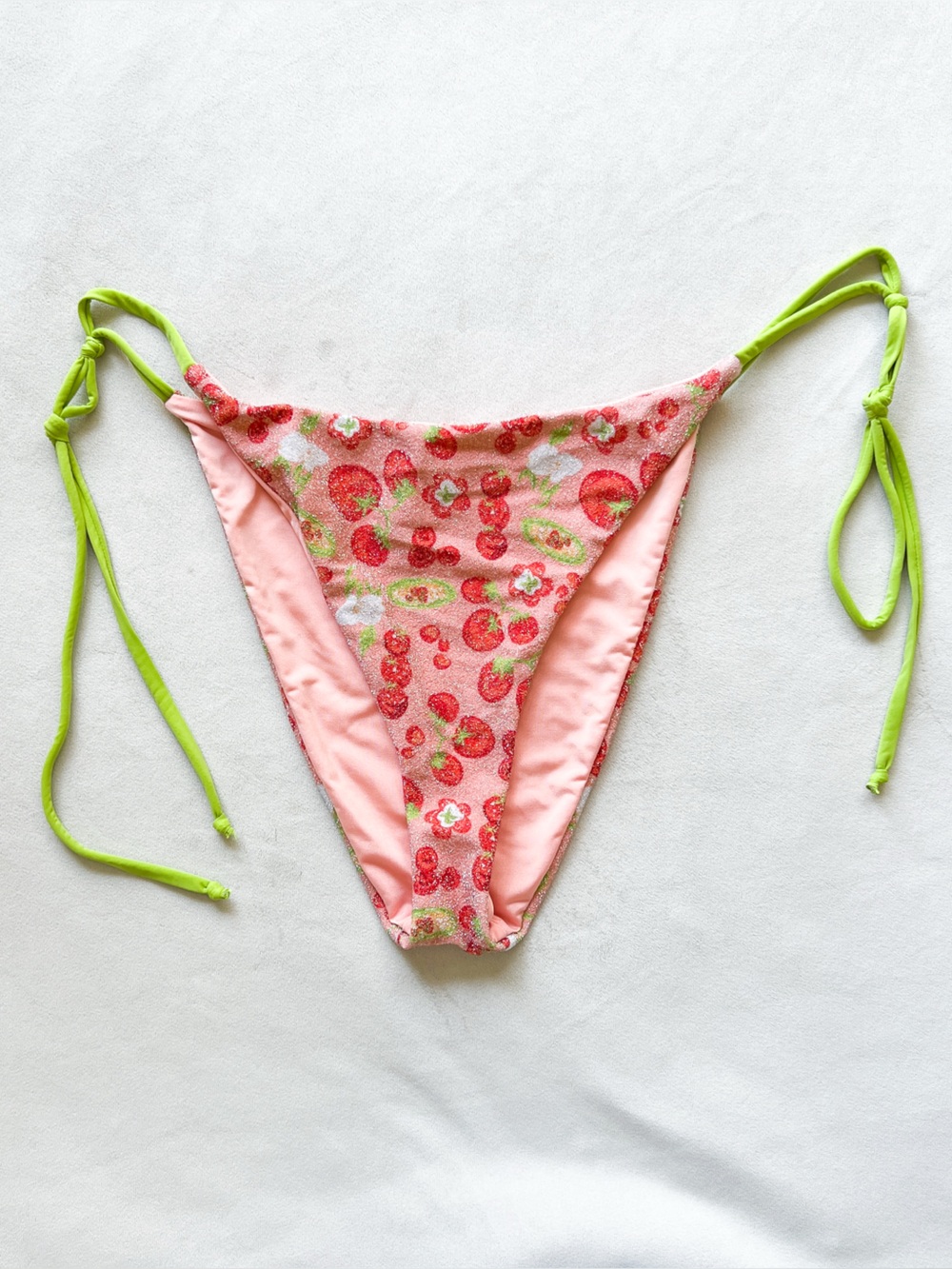 Dippin' Daisy's Pink Tomato Print Tie-Side Bikini Bottom with Lime Ties - Large